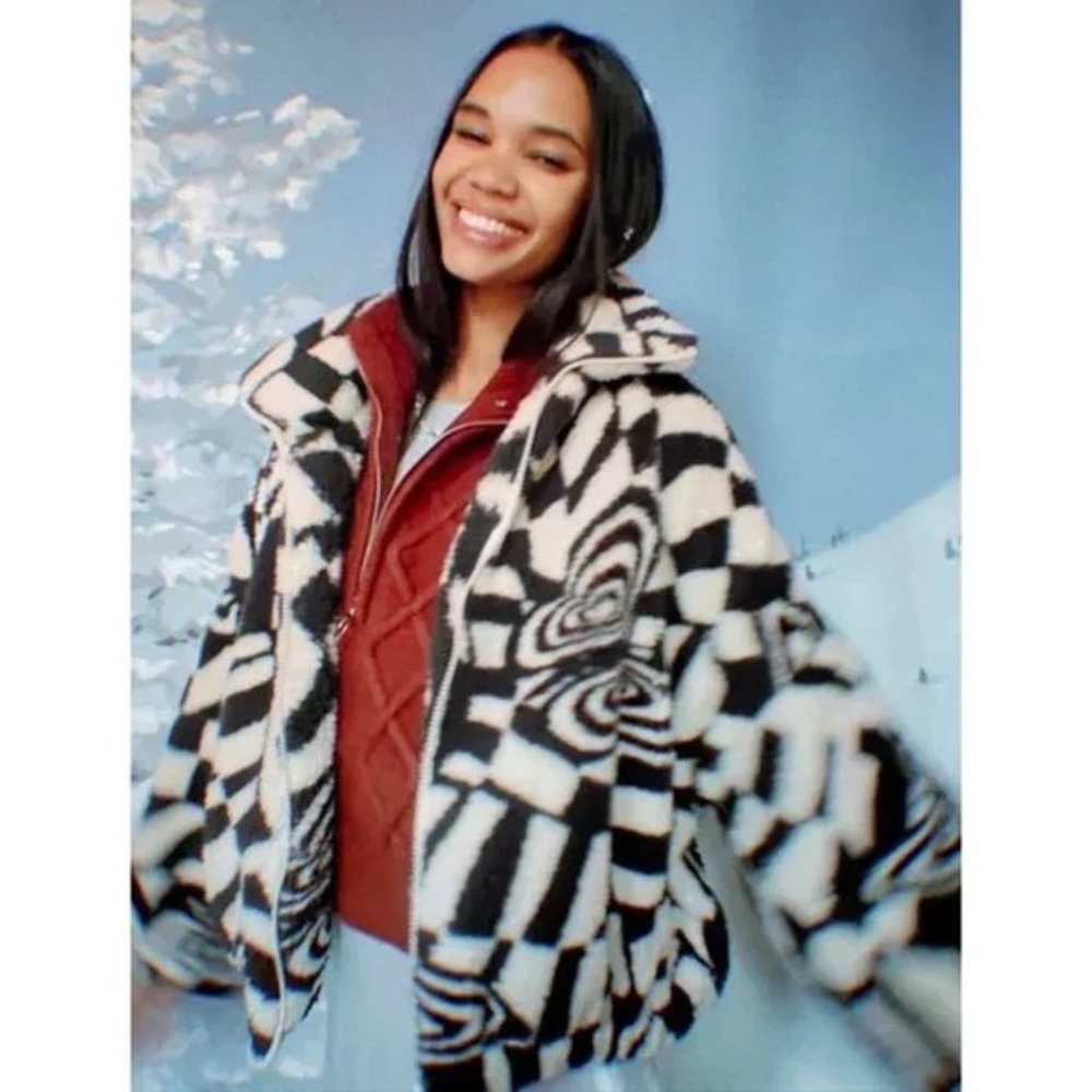 Urban Outfitters Olivia Black White Butterfly Groovy Sherpa Jacket